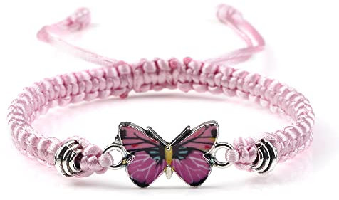 Bracciale da donna con ciondolo a forma di farfalla rosa da donna, in corda nera, bianca, intrecciato, fatto a mano, regolabile, idea regalo, rosa-rosa