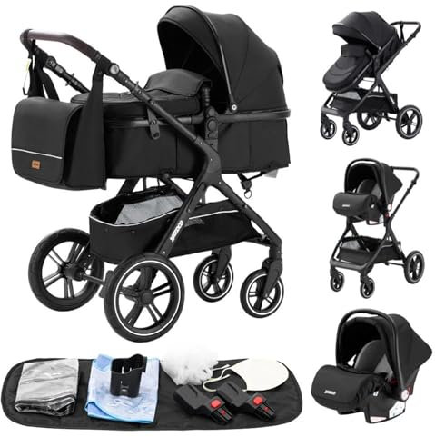 YAZOCO Kompakter 3 in 1Kinderwagen Anstout Terrain Luxus Hohe Landschaft Vierfacher Kinderwagen 0-36kg Faltbarer Gehstock Baby Kinderwagen Komfort Autositz Zubehör (Schwarz)