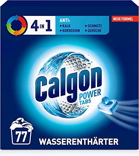 Calgon 4-in-1 Power Tabs – Wasserenthärter gegen Kalkablagerungen, Schmutz und Korrosion in der Waschmaschine – Beugt unangenehmen Gerüchen vor – 2 x 77 Tabs