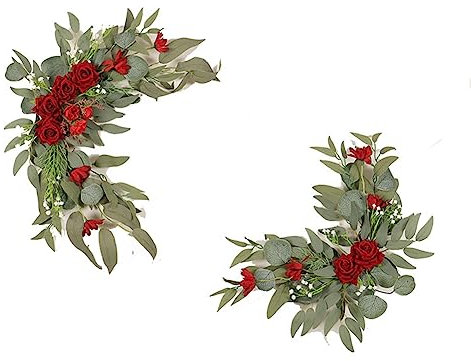 Yurosiay 2 Stück Hochzeitsbogen Blumen Künstliche Rot Rose Blumen Bogen Handgefertigte Hochzeit Willkommensschild Blumen Hochzeitsbogen Girlande Hochzeitsblumen Deko für Zeremonie Empfang
