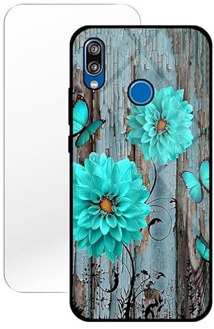 KARTXITAI Hülle Kompatibel mit Huawei P20 lite,Stoßfest Hybrid Schutzhülle [TPU Silikon Bumper+Glas Rückseite] mit Blaue Blumen Schmetterlinge Motiv Handyhülle Cover+Glas Displayschutz