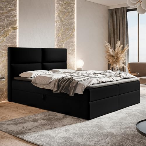 MOTIVENA Nevada Boxspringbett 160x200 mit Bettkasten und Topper, Polsterbett 160x200 mit Bettkasten, Taschenfederkern-Matratze (H3), Visco Memory-Foam Topper (H2), Samt, Schwarz