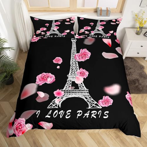Tour Eiffel Housse de Couette 140x200 Rose Chic Rose Fille Parure de Lit, France Paris Housse Couette Confortable Noir Rose Blanc Ensemble de Literie, Fille Fleur Literie Microfibre 2 Pièces