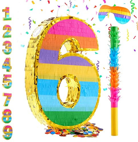 Regenbogen-Piñata mit Zahl 6 für den 6. Geburtstag, Party-Dekoration, Geburtstags-Piñata mit Augenbinde und Konfetti, Kinderjubiläum, Fiesta, klein, 41 x 29 x 7,6 cm