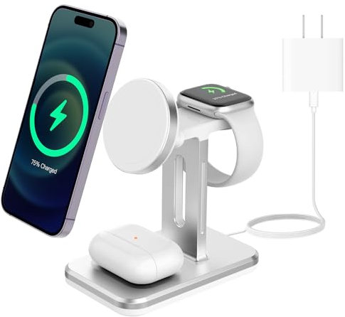 DQi-K 15W Fast 3 in 1 Wireless Charging Station Multiple Devices for MagSafe Charger Stand for iPhone 12 13 14 15 pro max Plus for Apple Watch 9 8 7 6 5 for AirPods Pro 3 2-White
