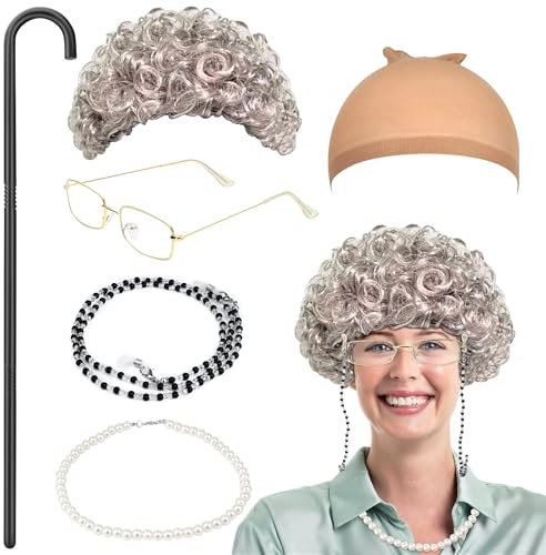 Orgoue 6 Stück Oma Perücke Kostüm Set, Alte Dame Kostüm Zubehör Oma Oma Cosplay Zubehör Alte Dame Cosplay Set mit Perücke Kappe Oma Stock Brille Halsketten Armband Perlenkette (Grau)