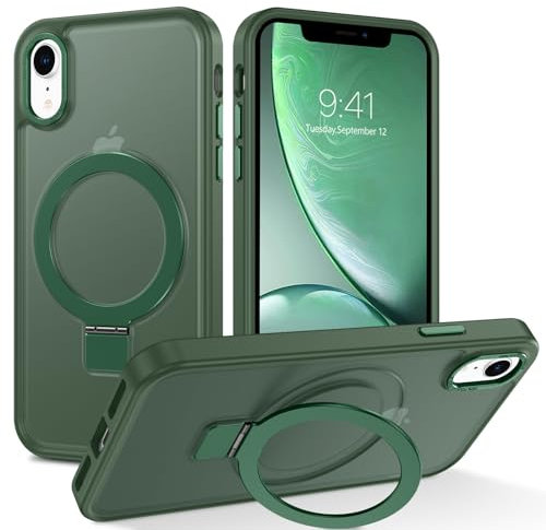 DUEDUE Schutzhülle für iPhone XR, magnetisch, mit Ringständer, kompatibel mit Magsafe, Ganzkörper-Schutzhülle, schlank, stoßfest, mit Ständer, für Apple iPhone XR 6,1 Zoll, Grün