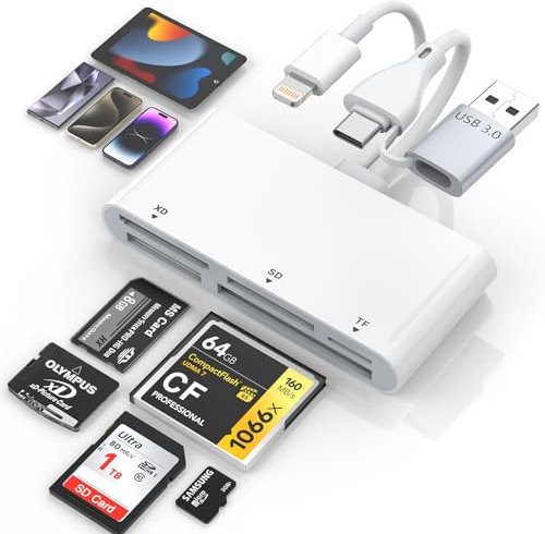 Sd Card Reader for iPhone iPad Camera, 5-in-1 Lightning & USB C Connector SD Card Adapter,USB 3.0 Memory Card Reader for XD,CF,SD,TF,MS Cards,High-Speed Trail Camera Viewer for iPhone/MacBook/Samsung