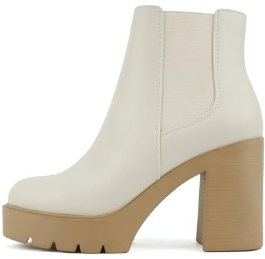Soda EDITOR ~ Women Lug Sole High Heel Chelsea Fashion Ankle Boot w/Double Elastic Gore (Off White/Nude, 8.5)