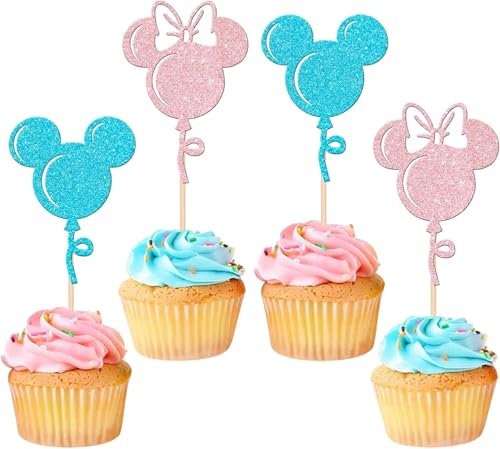 24 Stück Maus inspiriert Tortendeko Glitzer Mini Maus Ballon Kuchen Deko für Ballon Maus Thema Hochzeit Baby Dusche Kinder Geburtstag Party Cupcake Toppers Rosa Blau