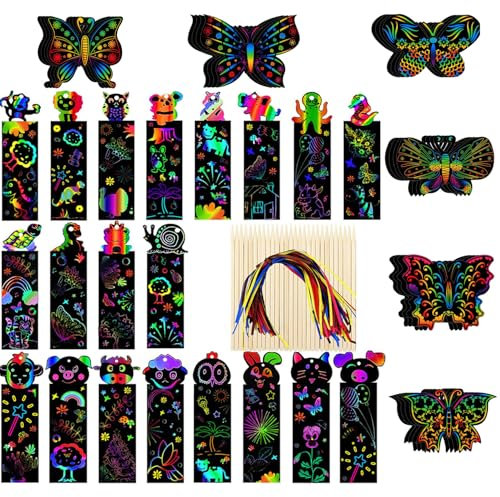 20 Stück Kratzbild Lesezeichen und 12 Kratzbilder Schmetterling Kratzpapier Set,Kinder Lesezeichen Kratzen mit Holzstiften und Bändern DIY Geschenkanhänger für Kinder Studenten Party Bastelbedarf