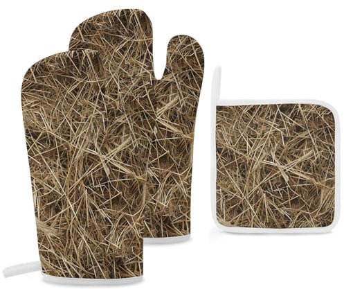 Oven Mitts and Pot Holders 3 Pcs Kitchen Oven Glove Hay Texture Photo Oven Mitt Non-Slip Oven Gloves for Cooking Heat Resistant Hot Pads for Microwave BBQ