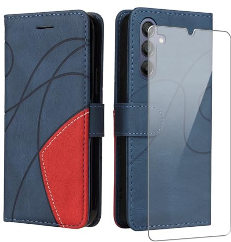 Coque pour Samsung Galaxy A16 5G/4G avec 1 Pièces Protection Écran en Verre Trempé, Couleur Combinaison (Bleu et Rouge) PU Cuir Flip Portefeuille Housse Étui pour Samsung Galaxy A16 5G/4G