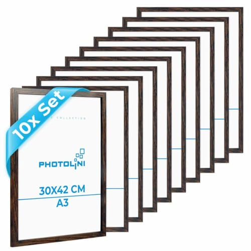 PHOTOLINI Bilderrahmen A3 Holz MDF Eiche Dunkel, 10er Set A3 Bilderrahmen 30x42, DIN A 3 Rahmen mit Acrylglas, Picture Frame 42x30 zum Aufhängen, Rahmen 42 x 30 mit Zubehör für DINA3 Fotos & Poster