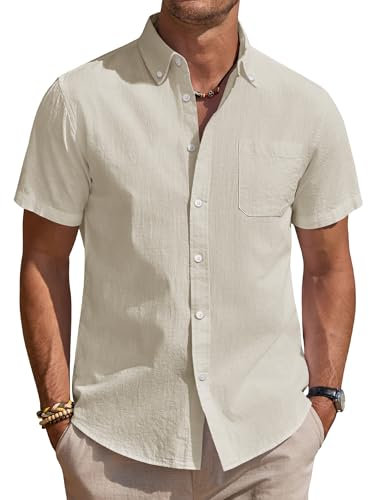 J.VER Hemd Herren Kurzarm Leinenhemd Casual Bügelfrei Hemden Sommer Strandhemd Leichtes Button Down Leinenshirt mit Taschen Khaki 3XL