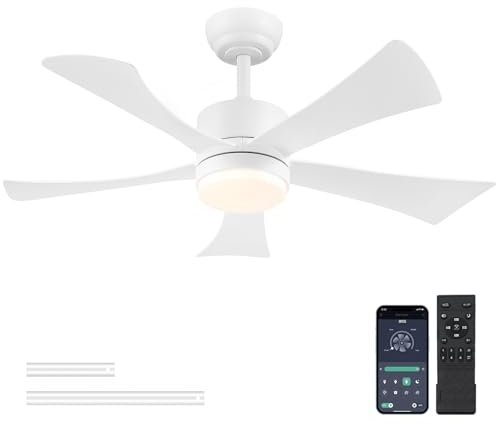 Surtime 106 cm Deckenventilator mit Licht, Moderner Weißer mit App-Fernbedienung, DC-Motor (leise), 3CCT dimmbare Beleuchtung mit Memoryfunktion, LED Deckenventilator für Schlafzimmer