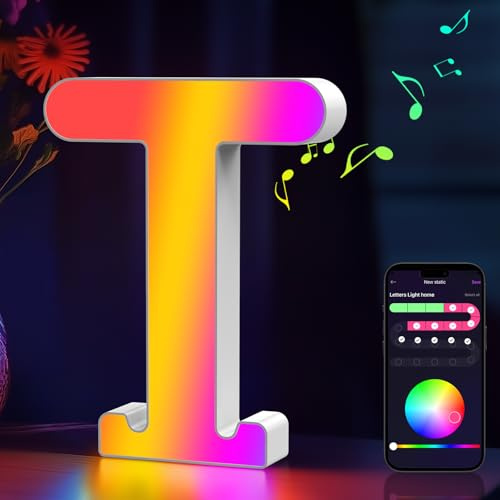 Cpeelsdo LED Buchstaben Lichter Alphabet RGB Farblich, Led Leuchtbuchstabe mit USB-Netzteil, APP-Kontrolle, Dimmbar, Dekoration für Geburtstag Weihnachten Hochzeit Party Valentinstag - Buchstaben T