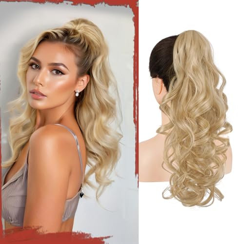 Sofeiyan Pferdeschwanz Haarteil mit Klammer, Lange Wellig Lockig Zopf Extension Claw Clip in Ponytail Extension Synthetik Haarverlängerung für Damen, 43 cm Aschblond
