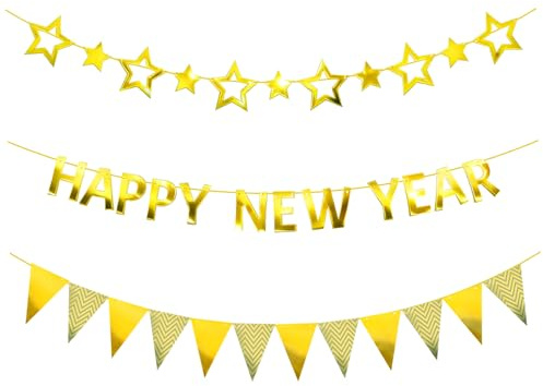 HUKUMA Silvester Deko 2026 Neujahrs Dekoration, 2026 Neujahr Banner SilvesterGirlande, Happy New Year Banner Girlande, Silvesterdeko Gold Für Neujahr Party Decoration Drinnen Draußen