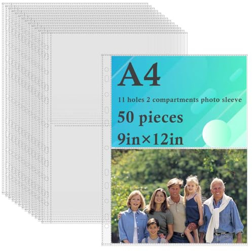 50 Stück Fotohüllen Din A4 Transparent Postkartenhüllen 2 Fächer je 22 x 15 cm,A4 Sammelhüllen 200 Taschen Karten Hülsen Prospekthüllen mit 11 Löcher,Klarsichthüllen zum Abheften für Sammeln,Tauschen