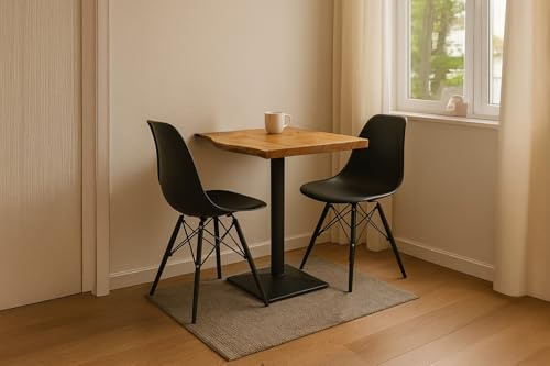 SAM Essgruppe INES | 60 x 60 cm | Bistrotisch aus Akazienholz massiv + naturfarben & echter Baumkante | Säulenfuß Schwarz | 2X Schalenstühle Lerche inkl. Sitzkissen | Farbe: Schwarz | Bistro-Set