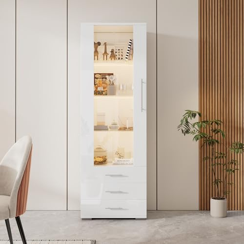 Kebnor Hochglanzvitrine, Vitrine Glasvitrine, Standvitrine, Vertikale Vitrine mit 3 Schubladen, 60 * 35 * 180cm (Weiß)