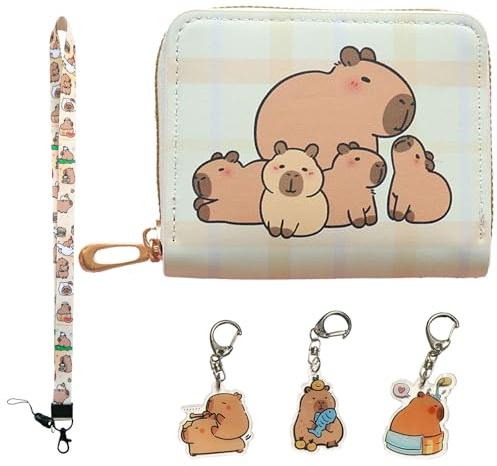 ZenyTra Capybara Geldbörse Kinder Jungen Mädchen: Mit Trageband und 3 Schlüsselanhängern | PU Leder Optik Kinder Portemonnaie Jungen，Schule, Reisen & Freizeit