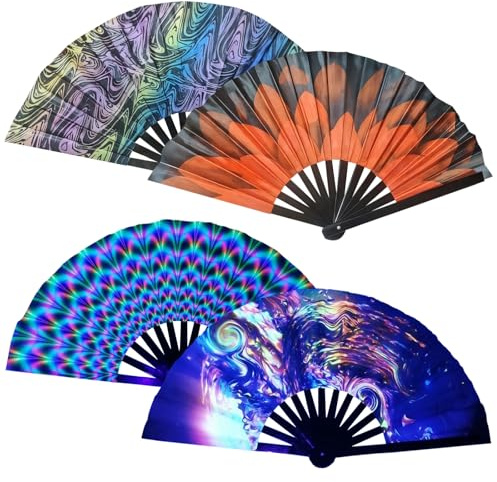 Packool 4 Pcs Clap Fans, Handheld Fluorescent Folding Fans, Wooden Frame with Oxford Cloth, Glow-in-the-Dark Hand Rave Fans, Vibrant Patterns for Carnivals, Parties, and Performances