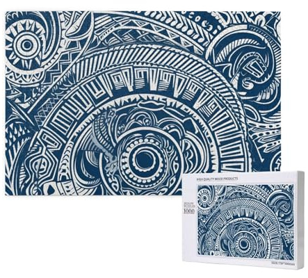 1000 Teile Puzzle mit Aufbewahrungsbox, Blaues polynesisches Maori-Stammesmuster, gedrucktes Holzpuzzle 75 x 50 cm, für Erwachsene, Kinder, Familie, Spaß, dekoratives Spiel