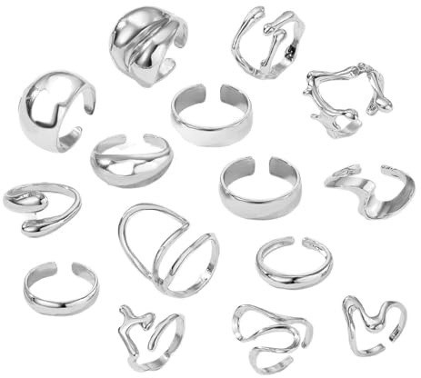 15 Pcs Chunky Silver Ring Set, Adjustable Stackable Knuckle Jewellery