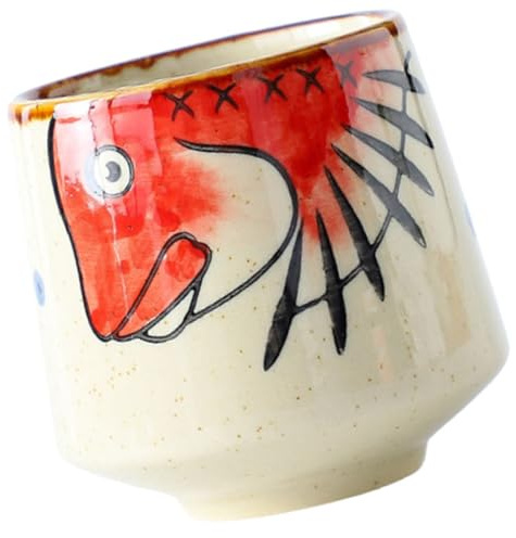 OSALADI Tasse à Thé Japonaise en Porcelaine Épaisse sans Anse 300ml Motif Poisson Coloré Peint la Main Tasse à Saké Céramique pour Restaurant Sushi et Salon de Thé pour Café et Boissons