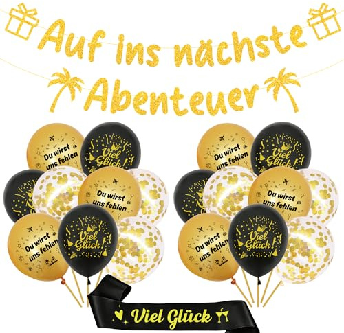 Abschiedsparty Deko Banner Luftballons Mann - 21 Stück Deko für Männer | Schwarz Gold Glitzer Banner mit Auf ins nächste Abenteuer für Ruhestand Abschied