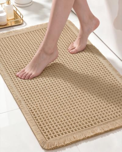 wiipara Badezimmerteppich rutschfeste Badematte Boho Badteppich, Beige | Waffelstruktur Badezimmermatte, Badvorleger Saugfähig, Waschbar, Schnelltrocknend für Badezimmer Wohnzimmer Küche, 46x77cm