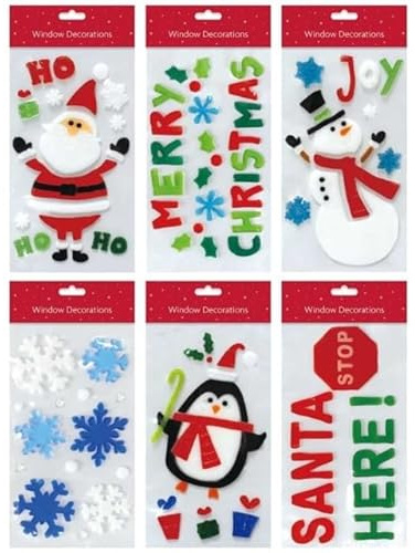 Set of 6 x Christmas Xmas Rectangle Window Gel Jelly Stickers Decals Decorations