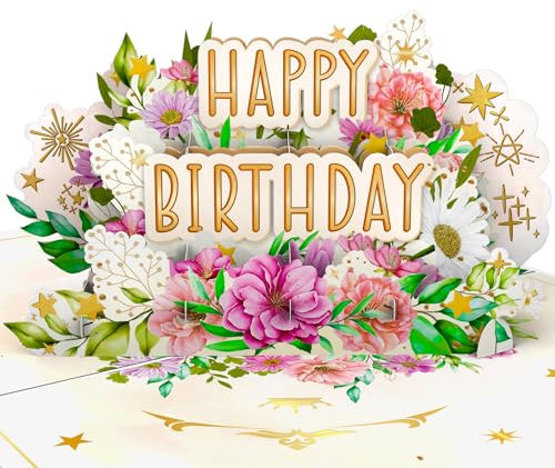 LIMAH® Pop-Up Geburtstagskarte mit Blumen | Edle Happy Birthday 3D Karte zum Geburtstag oder Jubiläum | Besondere Geschenkidee für Frau und Freundin | Als Gutschein, Geldgeschenk oder Geschenkkarte
