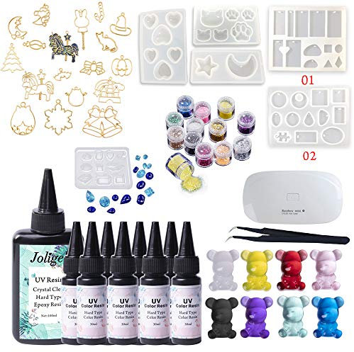 1x Farblose 8x Farbe UV Epoxidharz 12 Holographische funkelt 6 Formen 17 Lünetten Rahmen für Schmuckherstellung Anhänger Charms Ohrringe Halsketten mit tragbarer Lampe, Resin Kit für DIY Handwerk
