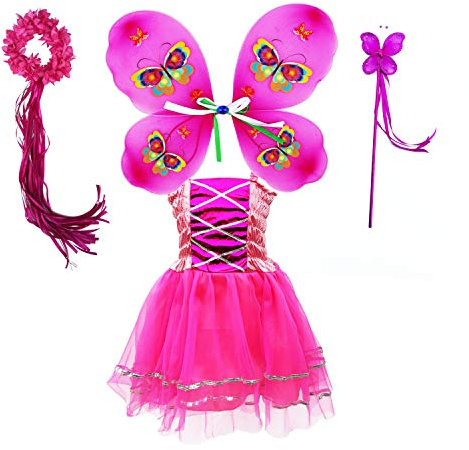 Tante Tina - Costume da fata delle farfalle per bambina, 4 pezzi, con vestito in tulle, ali, bacchetta magica e cerchietto per capelli, colore fucsia, adatto per bambine da 2 a 8 anni