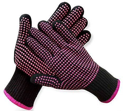 AFT90 2 Pcs Professional Heat Resistant Glove for Hair Styling Heat Blocking Gloves for Curling, Flat Iron and Hair Styling Tools, Silicone Bump, Pink Edge