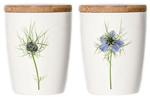 Simply Flowers - Tasse, Kaffeetasse, Teetasse, Vorratsdose - mit Bambusdeckel - Motiv: Jungfer im Grünen, Schwarzkümmel - 240 ml
