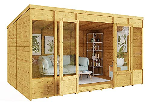 BillyOh Bella 16 x 8 Summer House Shed, Modern Pent Roof Log Cabin | Spray Treated - Garden Room with Wide Double Doors, Tongue and Groove Construction | Versatile Tiny Home or Garden Office