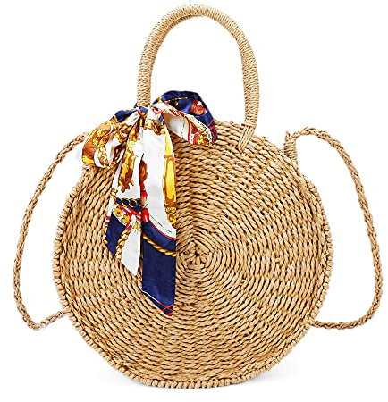 Double Tree Sac à Bandoulière Femme Rond En Paille - Sac De Plage Été Rotin Tressé - Sacoche Besace Porté Main Épaule Tissé Léger - Chic Tendance Estival - Marron Nature 1