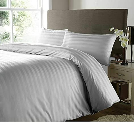 RAYYAN LINEN Juego de ropa de cama de satén con rayas, satén, 100 % algodón egipcio, 400 hilos, lujosa calidad de hotel con fundas de almohada (Gris-Plata, Tamaño King)