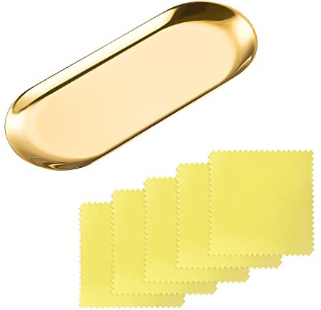 1 Stück goldenes Schmucktablett aus Edelstahl, Schmuckhalter, Schmucktablett, Kosmetikaufbewahrung, Kommodenaufbewahrung, Nicht leicht zu verformen und 5 Stück silbernes Reibetuch