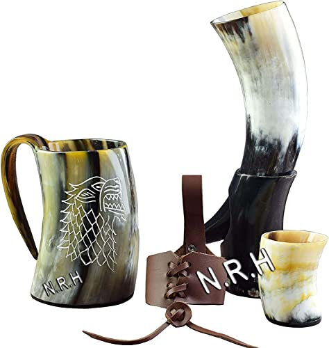 Nautical Replica Hub Viking Thor Mug, Shot Glass for Father's Day Gift Ideas - Viking Drinking Horn with Stand and Leather Belt for Beer, Cold Drink,Ale or Mead