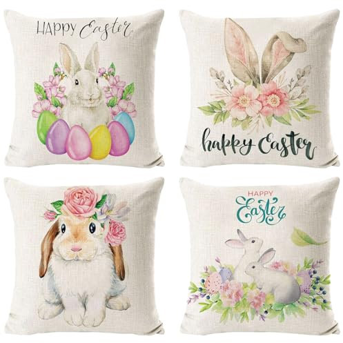 KOIROI 4 Stück Kissenbezug Ostern, Kissenhülle Ostern 45x45, Osterdeko Leinen Kissenhülle, Osterhase Kissenhülle, Kissenbezug Frühling für Ostern Deko Zimmer Deko Couch Wohnzimmer Deko