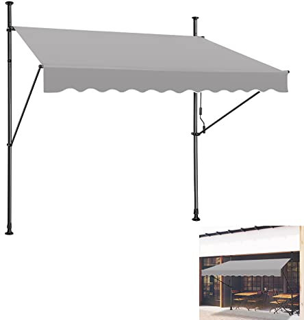 YRHome Klemmmarkise Markise Balkon mit Handkurbel 200cm breit- Balkonmarkise ohne Bohren Höhenverstellbar, Sonnenschutz, wasserdicht Hellgrau 300cm