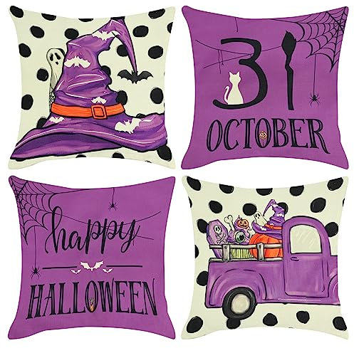 Bekecidi 4 Stück Halloween Kissenbezügen, Quadratischer Leinen Kissenbezug, Kürbis Sofa Kissenbezug für Halloween Partyzubehör Heimdekoration, 45 x 45 cm