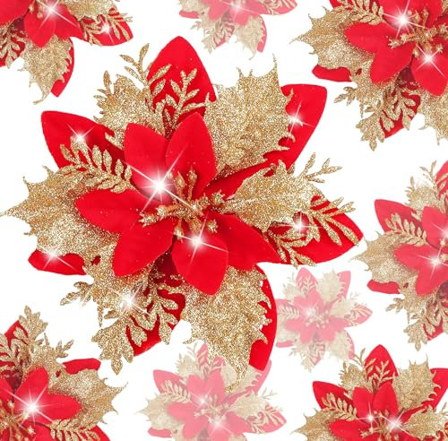 Kunstblumen Weihnachten, Weihnachtsblumen Deko, Glitzer Weihnachtsstern Künstlich Weihnachtsdeko Blumen, Künstliche Blumen für Christbaumschmuck, Hochzeitsdeko, Neujahr Ornamente.
