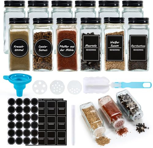 Cheerhom Gewürzgläser 12er Set Eckig 120ml Gewürzdosen Set Gewürzstreuer Glas Gewürzbehälter, Gewürze Aufbewahrung mit Streueinsatz, Etiketten, Trichter, Bürste - Spice jars(Schwarz)