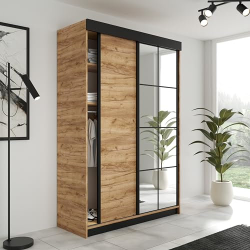 KIER FURNITURE Schiebegarderobe LAMARO mit Spiegel - Schrank Schlafzimmer – Schlafzimmerschrank – Wardrobe Bedroom – Kleiderschränke – Kleiderschrank Eiche Craft Gold – 138x205x59